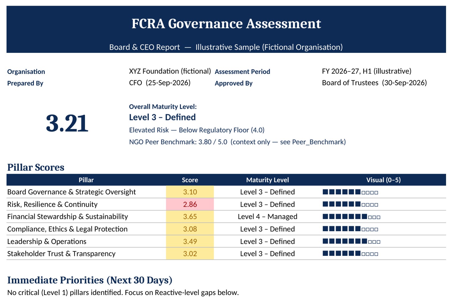 First page of the sample Board & CEO report from the FCRA Governance Assessment Toolkit, for a fictional NGO